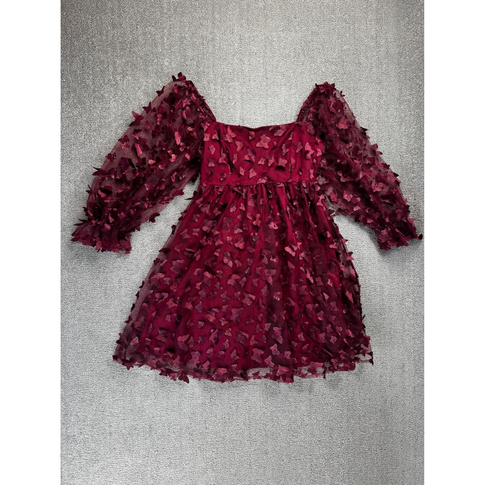 Thirty Thirty Butterfly Applique Dress Small Burgundy 3D Mesh Mini New